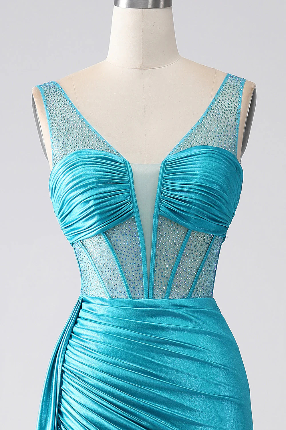 Turquoise fish tail V-neck sweeping floor pleated tight fitting corset beaded prom dress