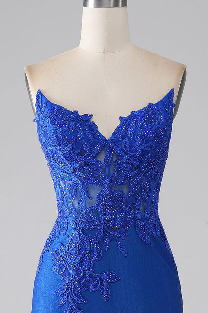 Royal Blue Mermaid Shoulderless Strap with Decal Long Beaded Prom Dress