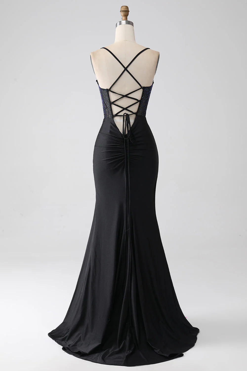 Black Mermaid Slim Shoulder Strap Beaded Long Tight Corset Prom Dress