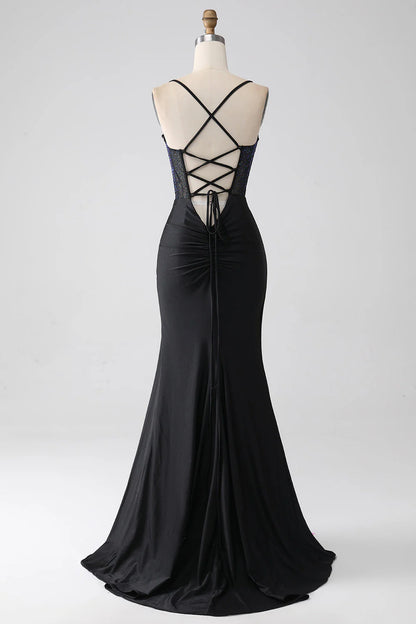 Black Mermaid Slim Shoulder Strap Beaded Long Tight Corset Prom Dress