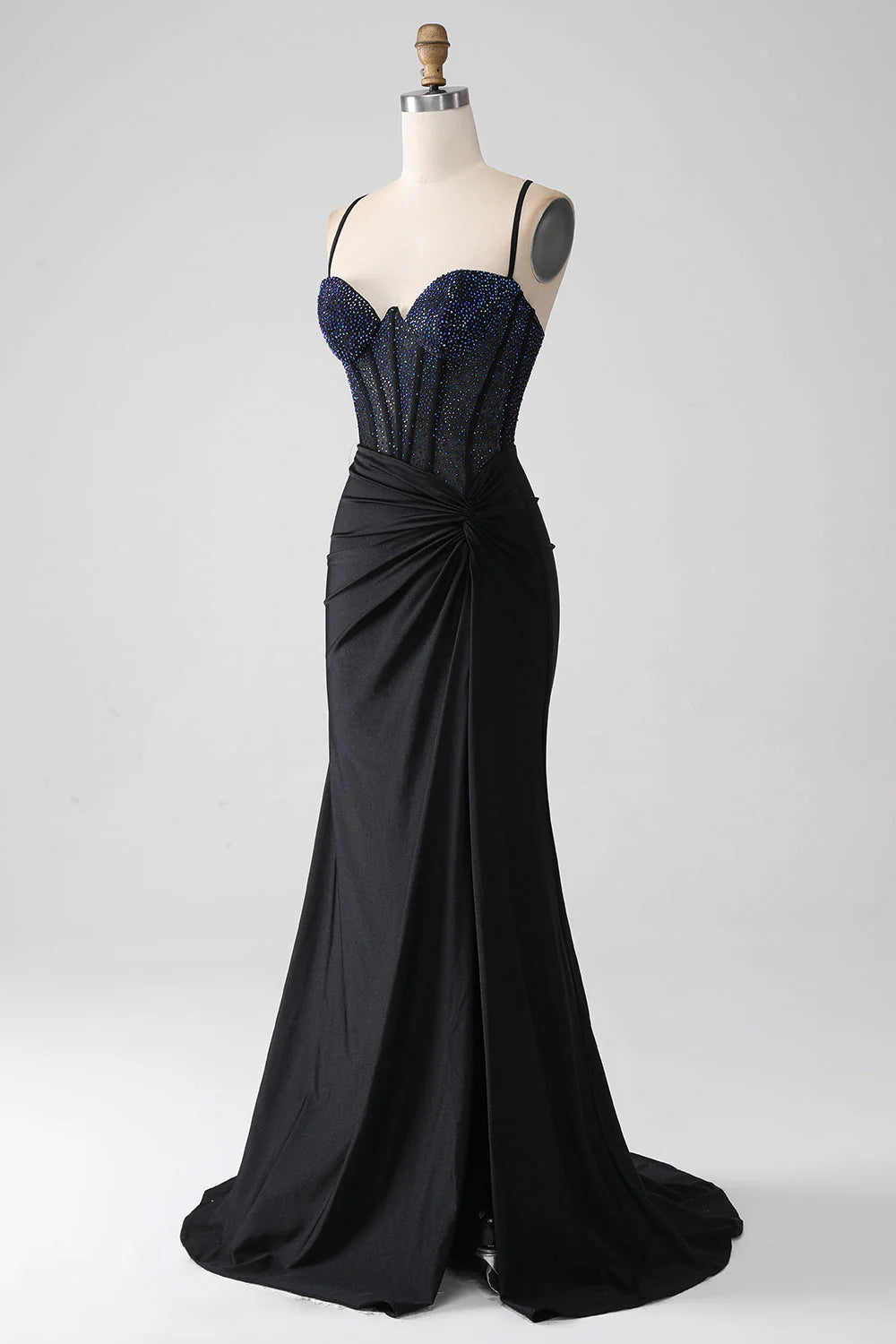 Black Mermaid Slim Shoulder Strap Beaded Long Tight Corset Prom Dress