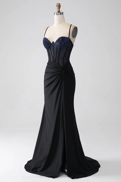 Black Mermaid Slim Shoulder Strap Beaded Long Tight Corset Prom Dress