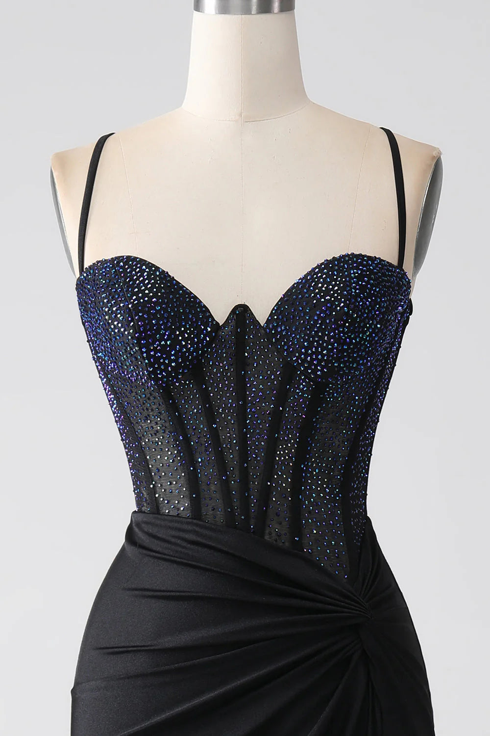 Black Mermaid Slim Shoulder Strap Beaded Long Tight Corset Prom Dress