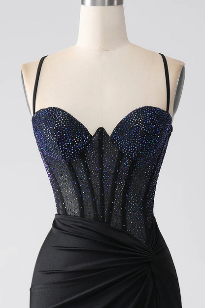 Black Mermaid Slim Shoulder Strap Beaded Long Tight Corset Prom Dress