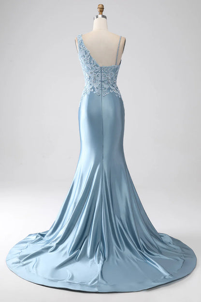 Grey blue mermaid thin shoulder strap decal long beaded prom dress