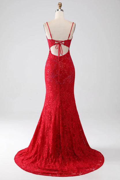 Red Mermaid Thin Shoulder Strap Beaded Lace Sticker Split Prom Dress