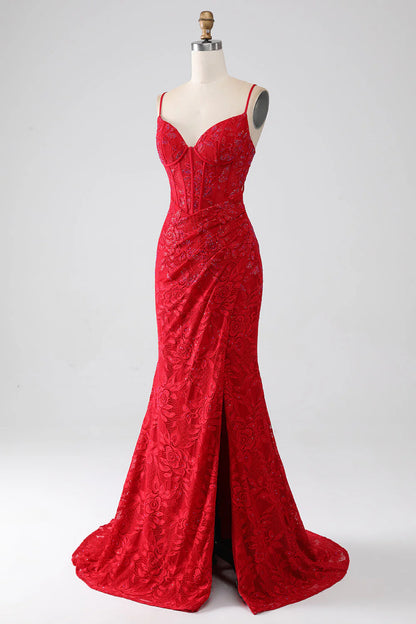 Red Mermaid Thin Shoulder Strap Beaded Lace Sticker Split Prom Dress