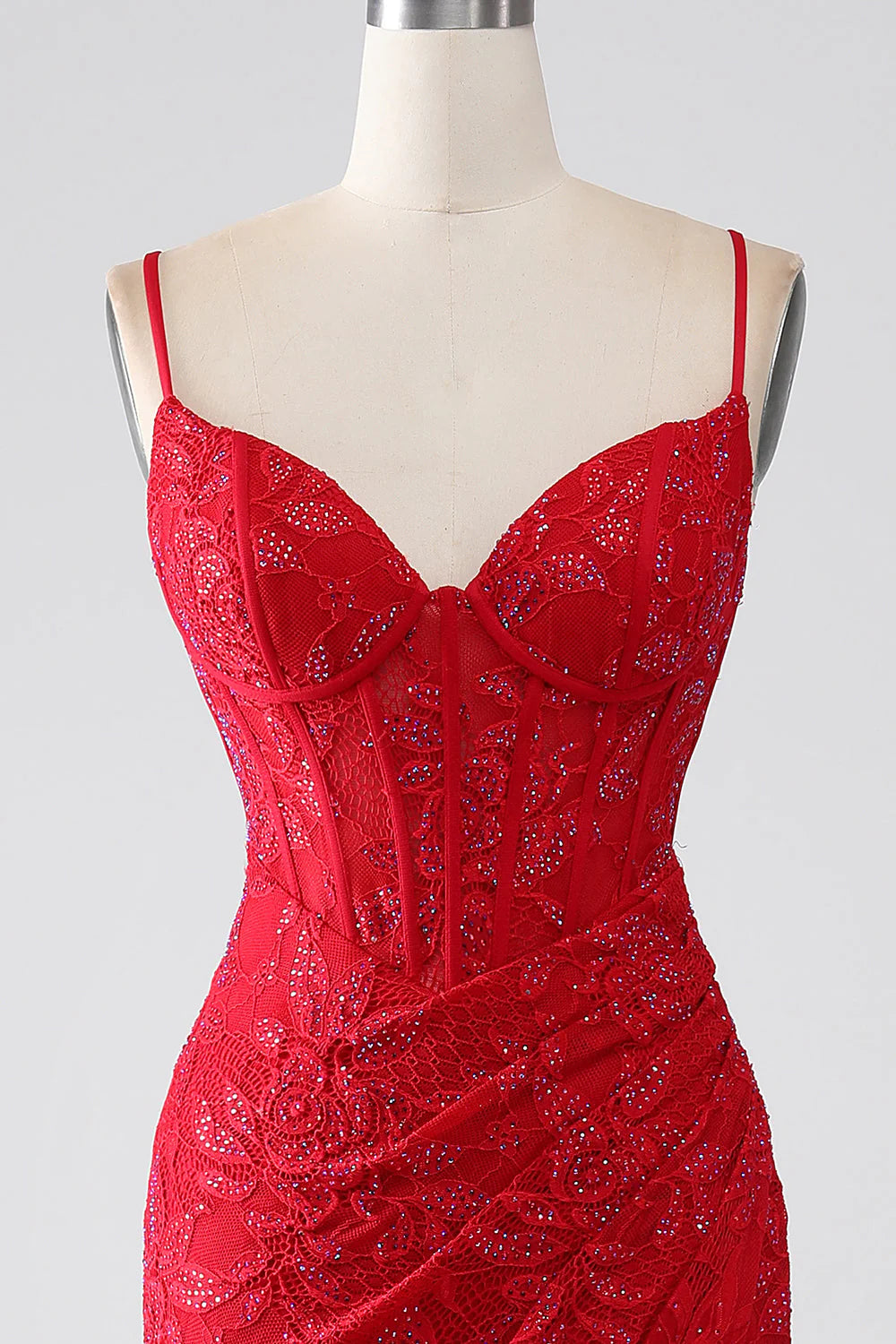 Red Mermaid Thin Shoulder Strap Beaded Lace Sticker Split Prom Dress