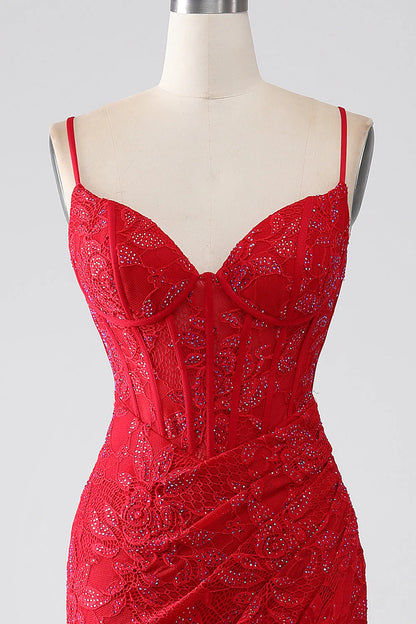 Red Mermaid Thin Shoulder Strap Beaded Lace Sticker Split Prom Dress