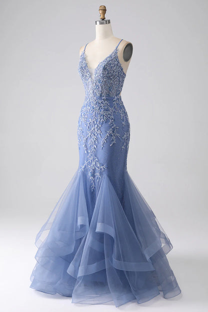 Grey blue mermaid thin shoulder strap decal beaded backless prom dress
