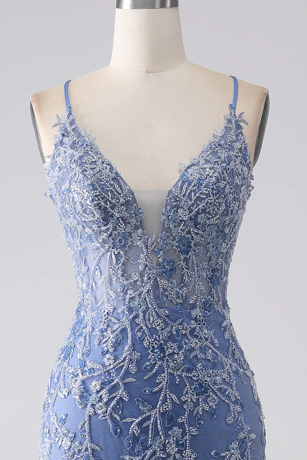 Grey blue mermaid thin shoulder strap decal beaded backless prom dress