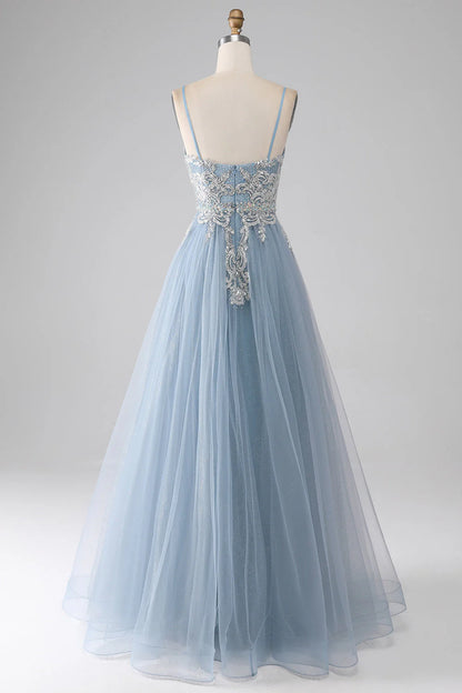 Grey blue A-line thin shoulder strap shiny sequin long prom dress