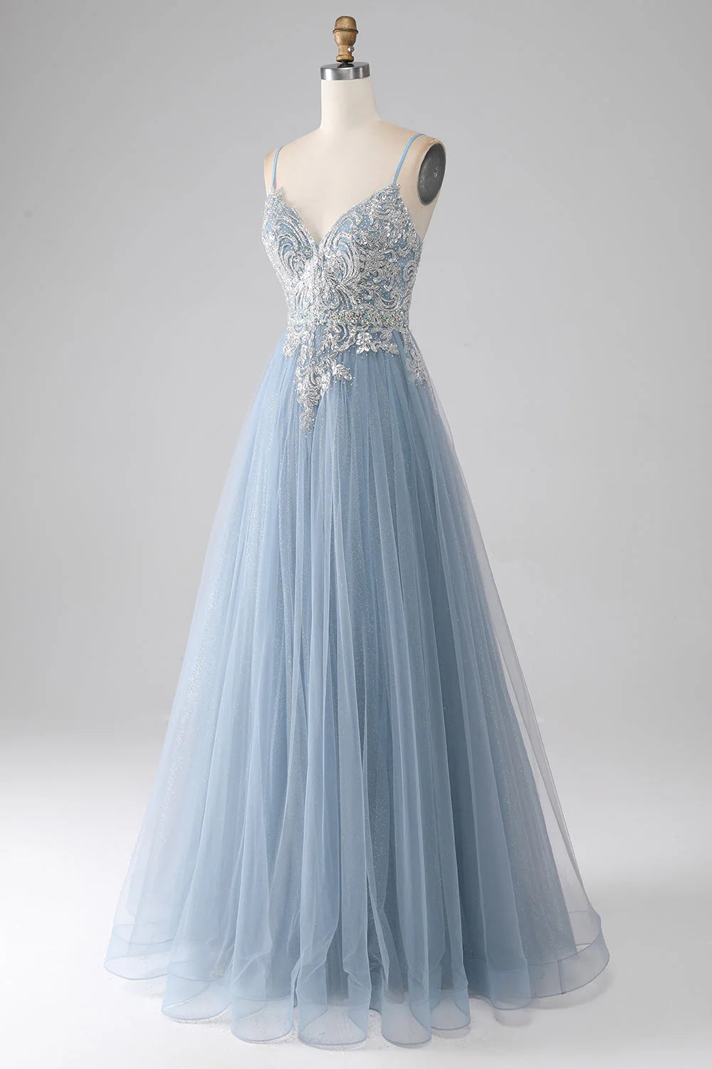 Grey blue A-line thin shoulder strap shiny sequin long prom dress