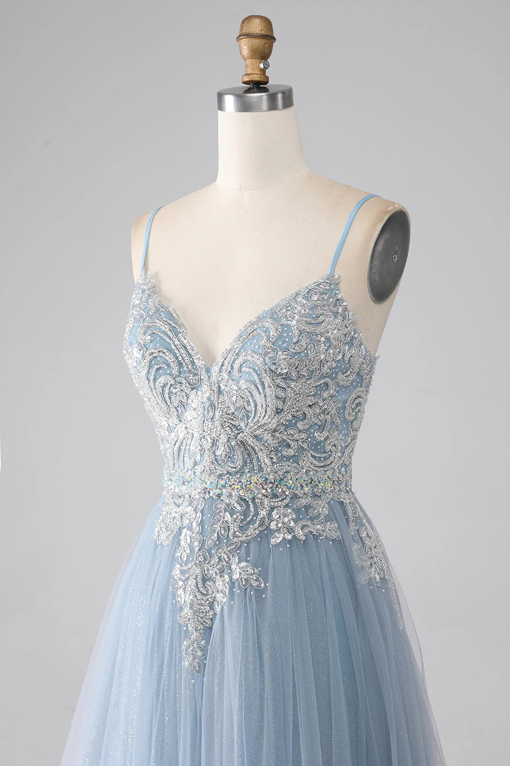 Grey blue A-line thin shoulder strap shiny sequin long prom dress