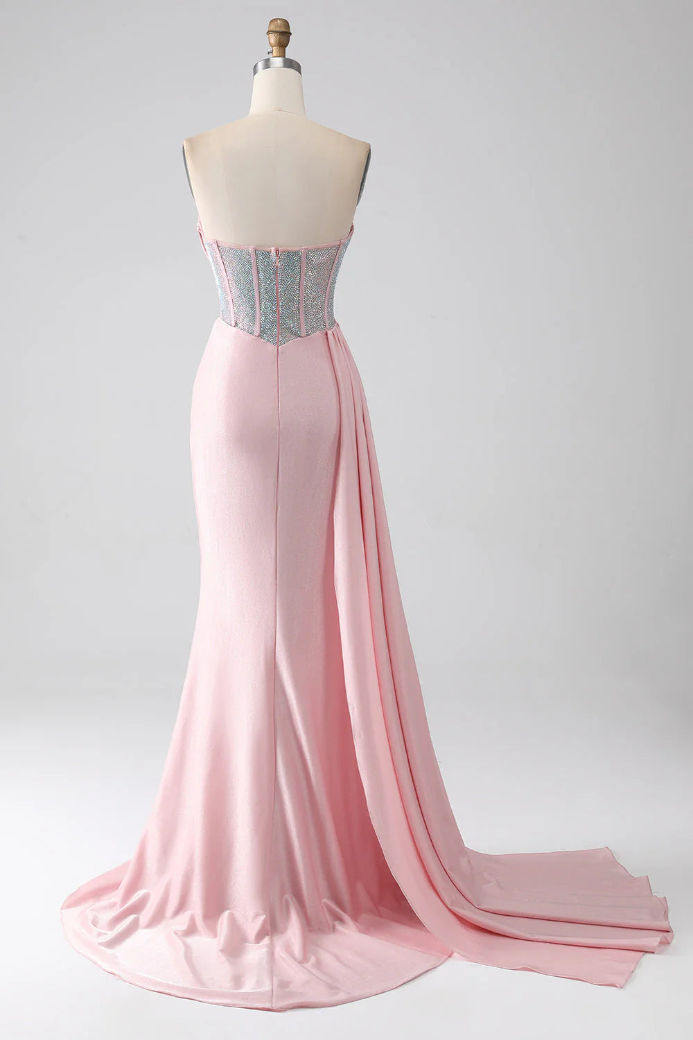 Pink mermaid strapless beaded pleated long high slit prom dress
