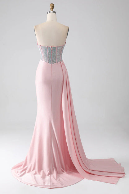 Pink mermaid strapless beaded pleated long high slit prom dress