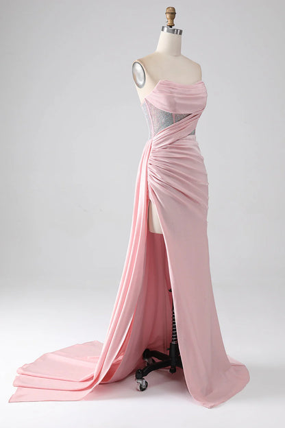Pink mermaid strapless beaded pleated long high slit prom dress