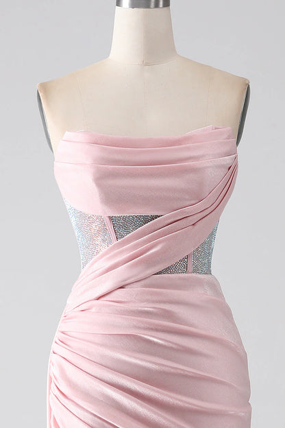 Pink mermaid strapless beaded pleated long high slit prom dress