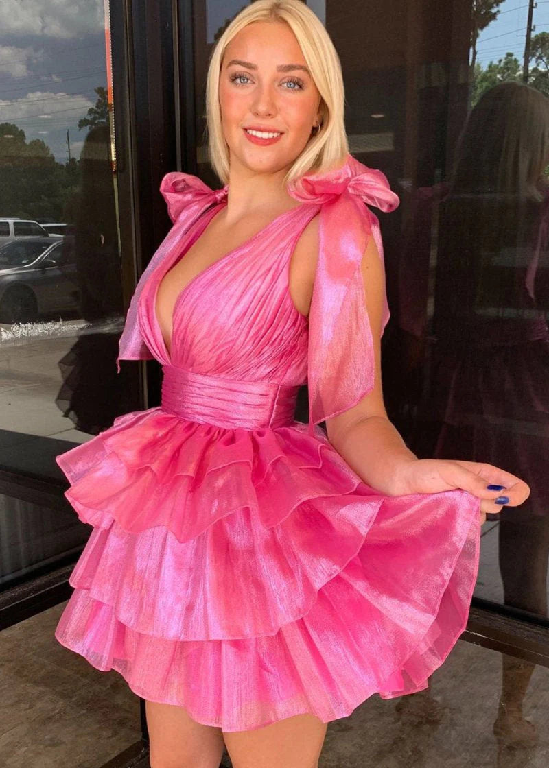 Glam A Line Deep V Bow Shoulder Sleeveless Zipper Back Tier Ruffle Mini Homecoming Dress