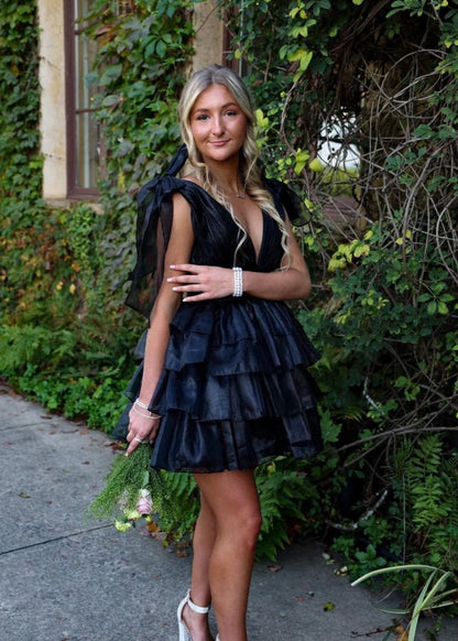 Glam A Line Deep V Bow Shoulder Sleeveless Zipper Back Tier Ruffle Mini Homecoming Dress