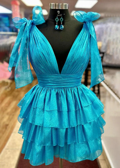 Glam A Line Deep V Bow Shoulder Sleeveless Zipper Back Tier Ruffle Mini Homecoming Dress