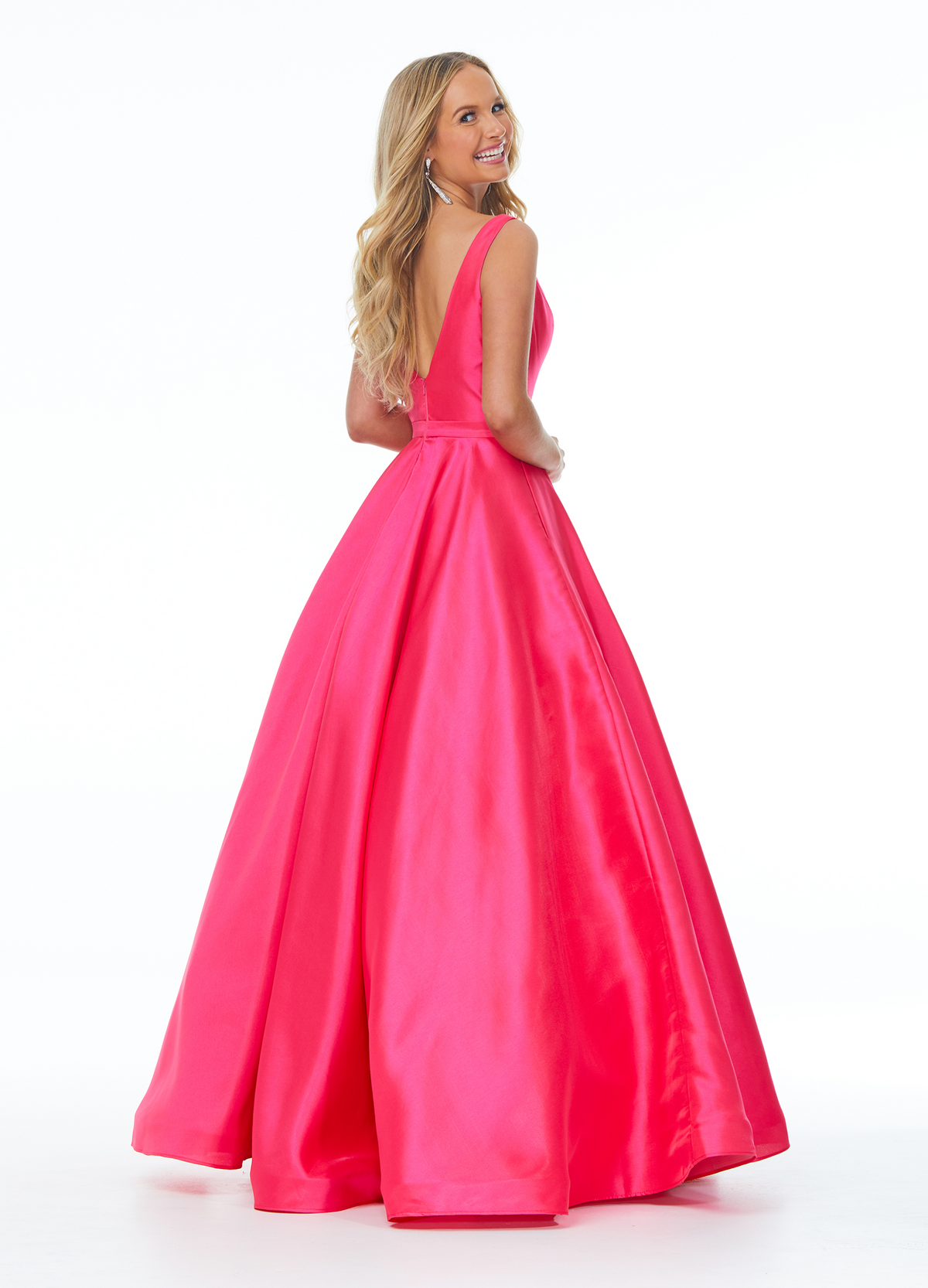 Glam A Line V Neck Sleeveless Low Back Pocket Long Prom Dress