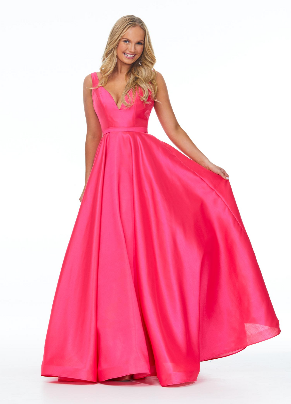 Glam A Line V Neck Sleeveless Low Back Pocket Long Prom Dress