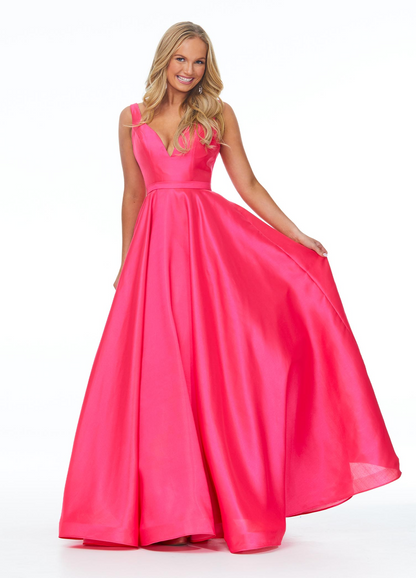 Glam A Line V Neck Sleeveless Low Back Pocket Long Prom Dress
