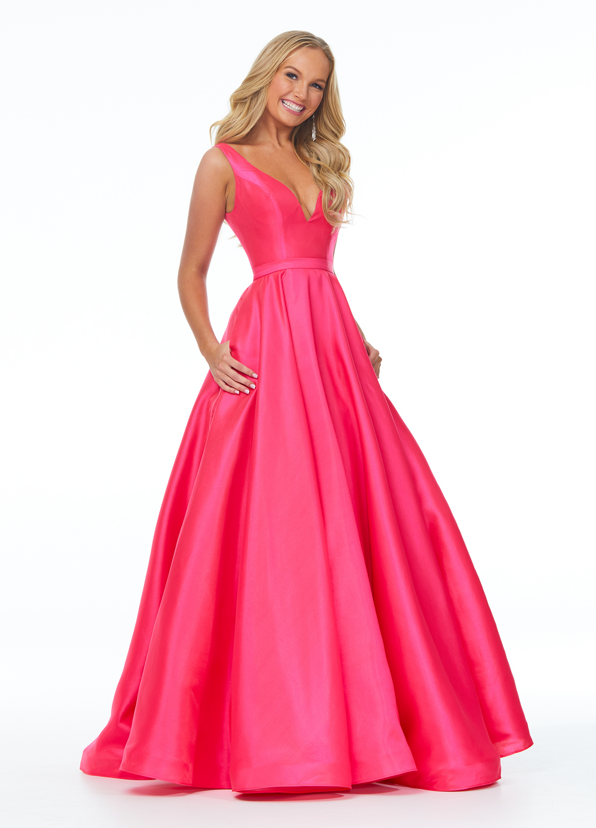 Glam A Line V Neck Sleeveless Low Back Pocket Long Prom Dress