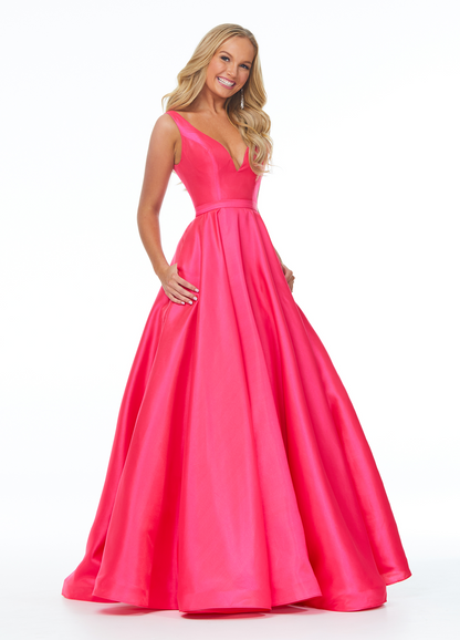 Glam A Line V Neck Sleeveless Low Back Pocket Long Prom Dress