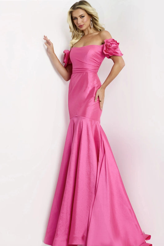 Glam Satin Mermaid Off-the-Shoulder 3D Floral Floor Length Formal Evening Dress