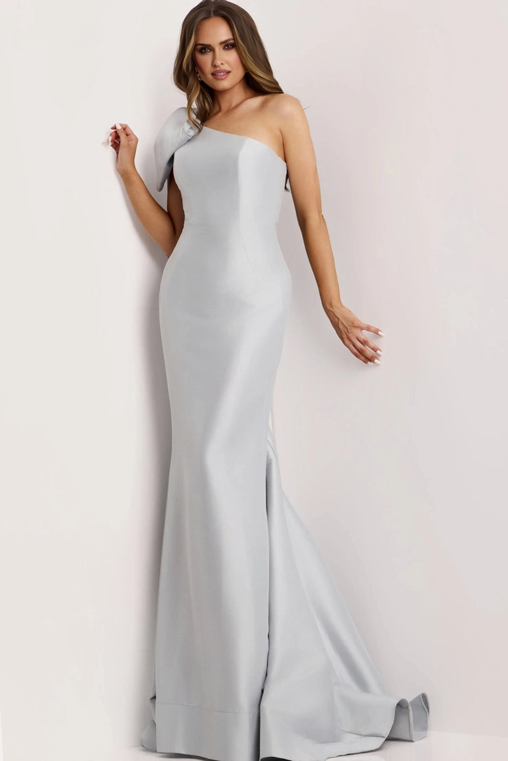 Glam Satin Mermaid One Shoulder Bow Back Train Formal Evening Dress