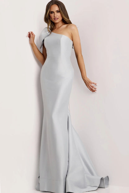 Glam Satin Mermaid One Shoulder Bow Back Train Formal Evening Dress