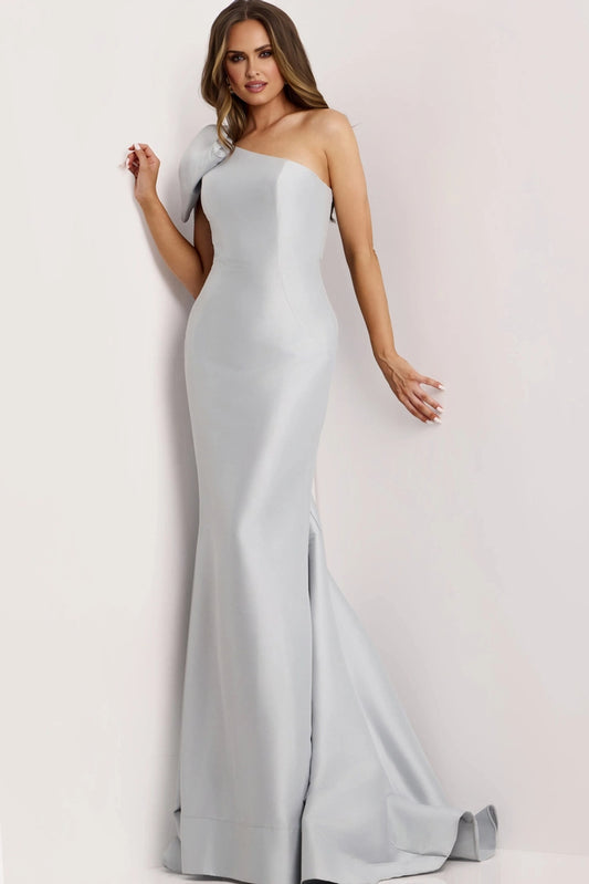 Glam Satin Mermaid One Shoulder Bow Back Train Formal Evening Dress