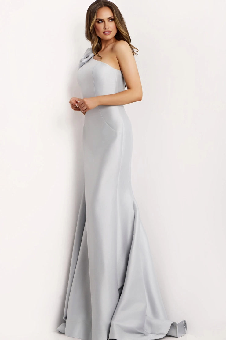 Glam Satin Mermaid One Shoulder Bow Back Train Formal Evening Dress