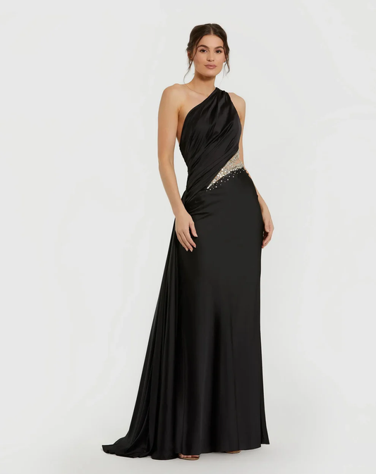 Glam Satin One-Shoulder Crystal-Embellished Cutout Draped Train Evening Gown