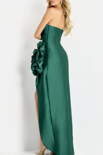 Glam Satin Sheath Strapless 3D Floral High Low Slit Formal Evening Dress