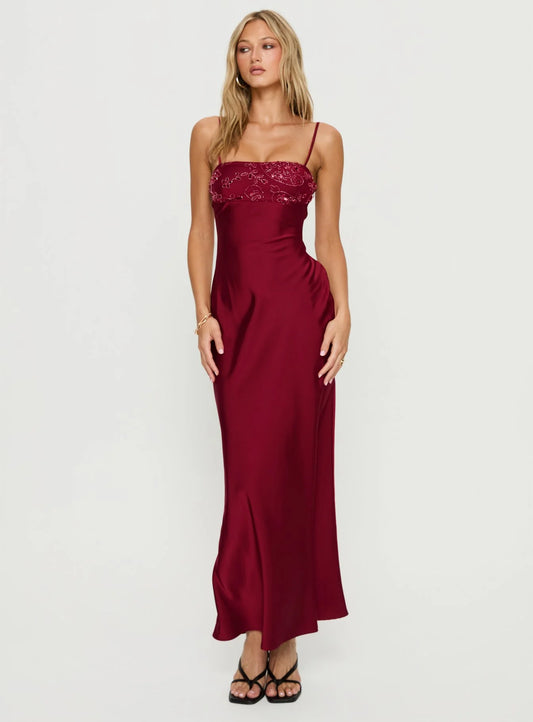 Glamorous Strapless Beaded Bust Satin Mermaid Evening Dress with Spaghetti Straps