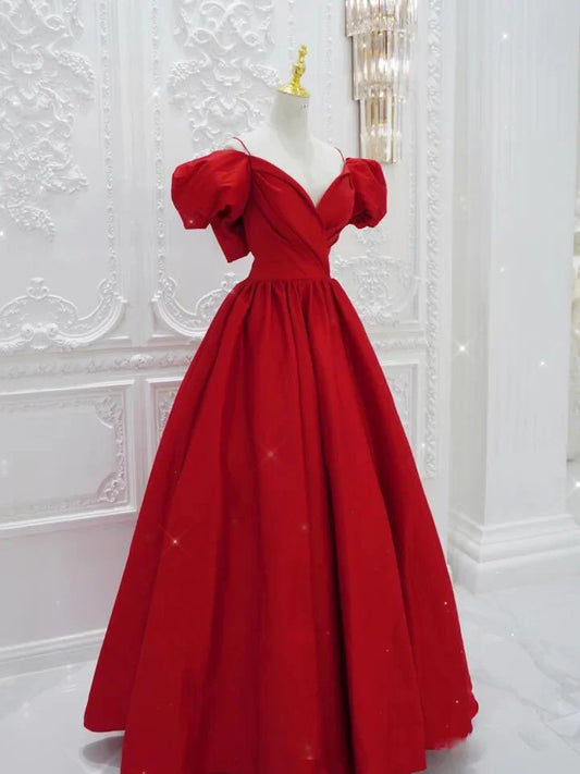 Glamorous A-Line Off-the-Shoulder Puff Sleeve Bow Back Floor Length Prom Dress