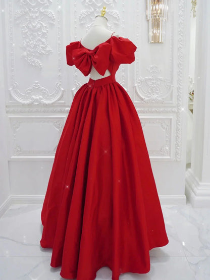 Elegant A-Line Off-Shoulder Puff Sleeve Bow Back Floor Length Prom Gown