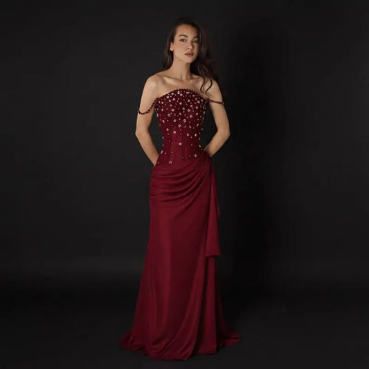 Glamorous Beaded Sheath Off-the-Shoulder Beaded Strap Ruched Front Sweep Train Evening Dress