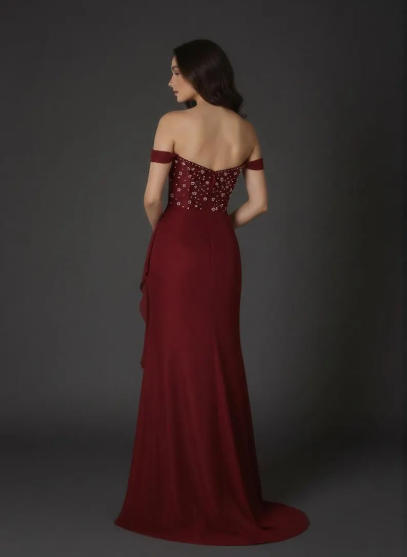 Glamorous Beaded Sheath Off-the-Shoulder Beaded Strap Ruched Front Sweep Train Evening Dress