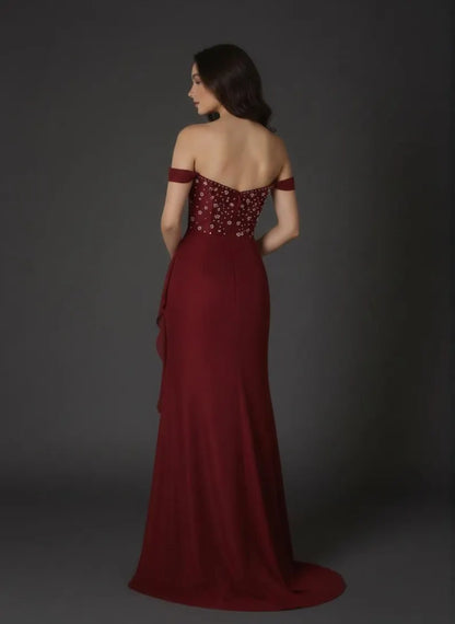 Glamorous Beaded Sheath Off-the-Shoulder Beaded Strap Ruched Front Sweep Train Evening Dress