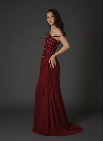 Glamorous Beaded Sheath Off-the-Shoulder Beaded Strap Ruched Front Sweep Train Evening Dress
