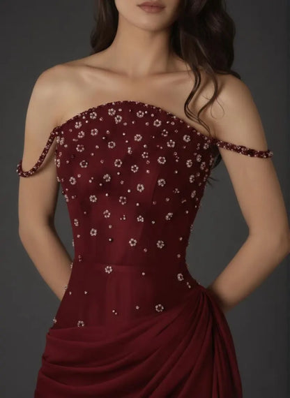 Glamorous Beaded Sheath Off-the-Shoulder Beaded Strap Ruched Front Sweep Train Evening Dress