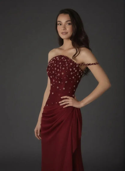 Glamorous Beaded Sheath Off-the-Shoulder Beaded Strap Ruched Front Sweep Train Evening Dress