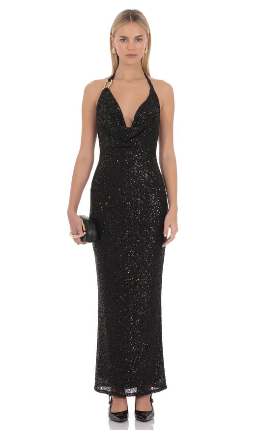 Glamorous Black Halter Neck Cowl Plunge V-neck Gold Ring Detail Sequin Embellished Open Back Bodycon Floor-length Evening Dresses
