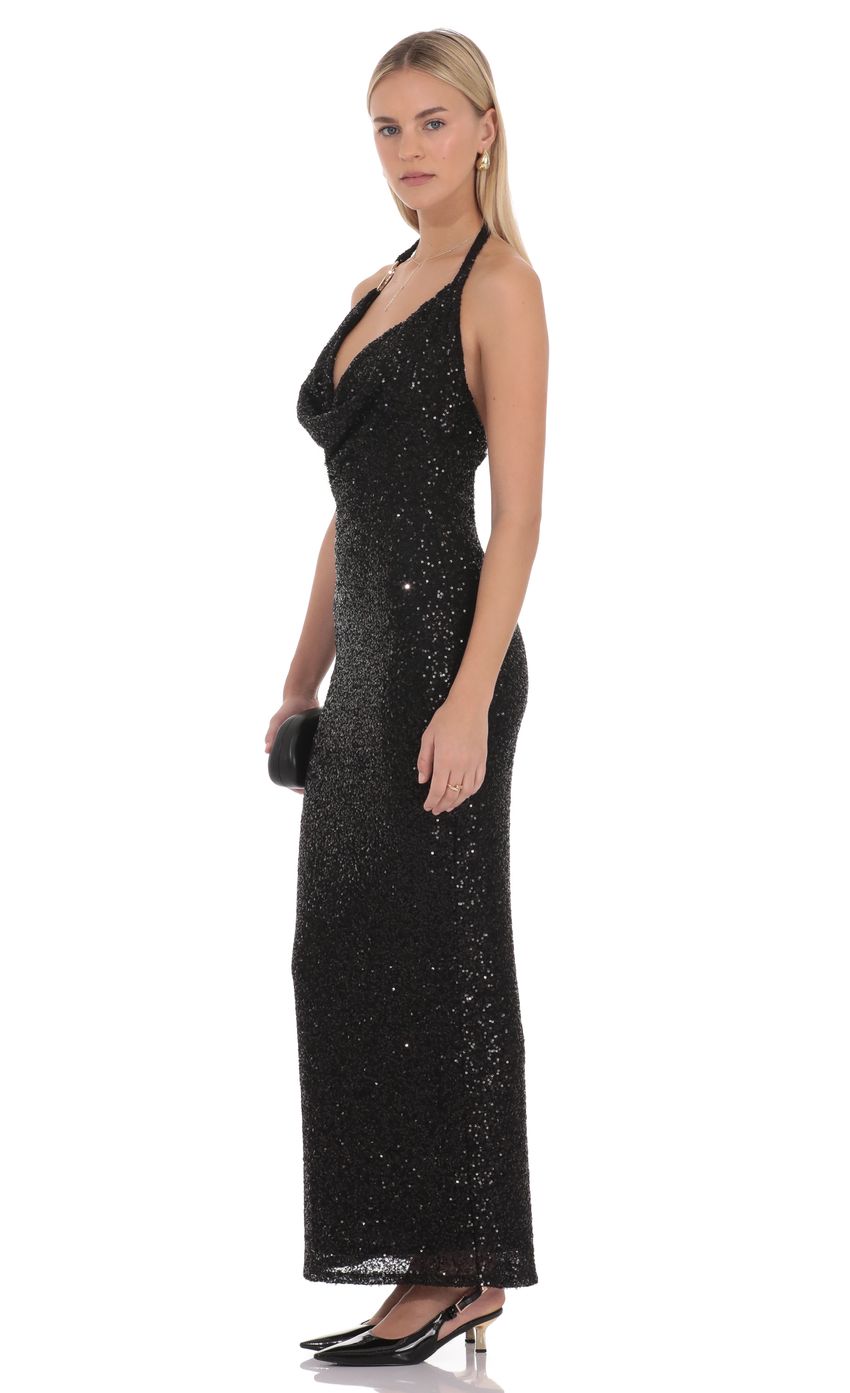 Glamorous Black Halter Neck Cowl Plunge V-neck Gold Ring Detail Sequin Embellished Open Back Bodycon Floor-length Evening Dresses