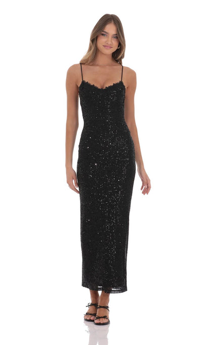 Glamorous Black Sequin Evening Dress with Sweetheart Neckline, Spaghetti Straps & Back Slit