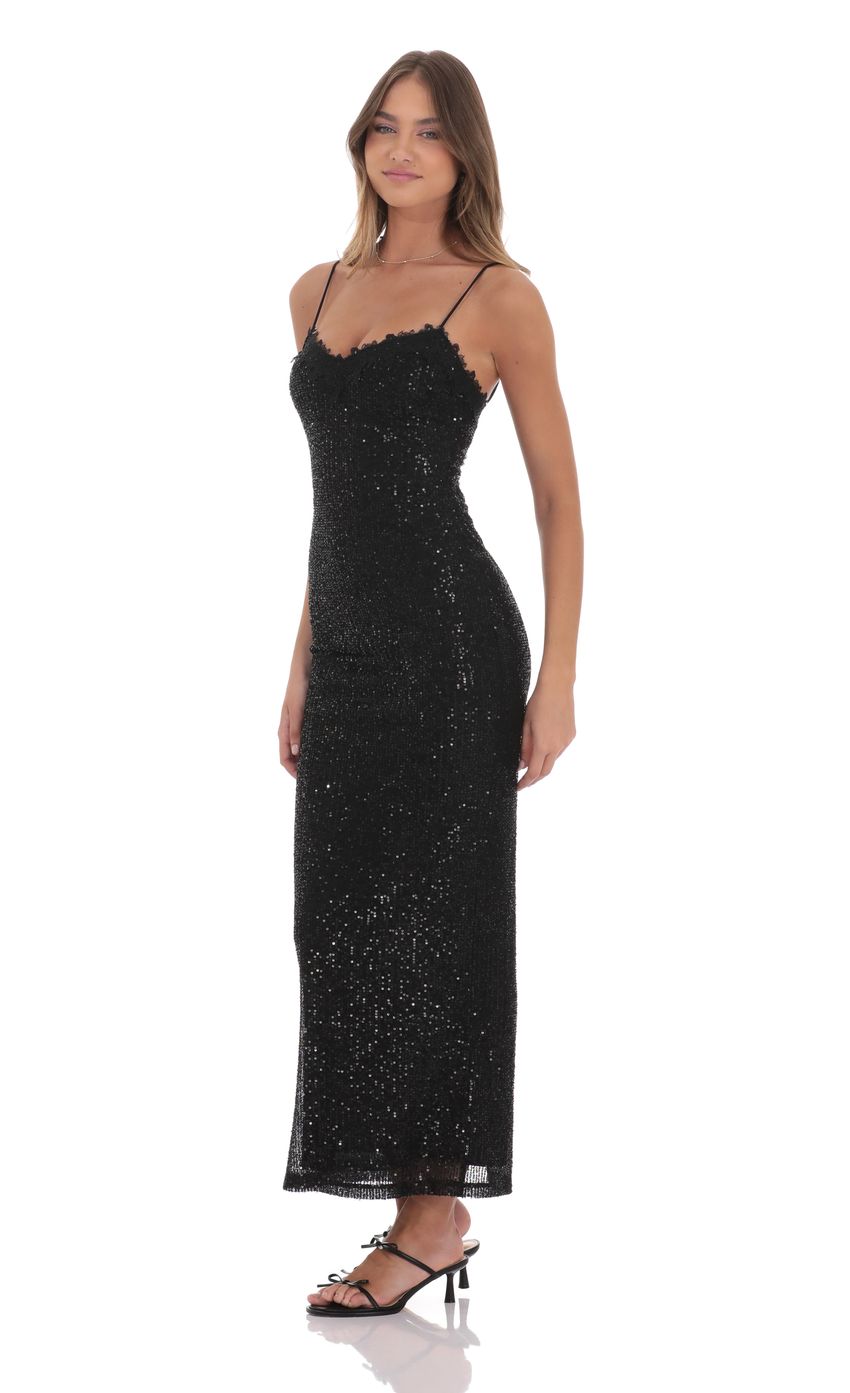 Glamorous Black Sequin Evening Dress with Sweetheart Neckline, Spaghetti Straps & Back Slit